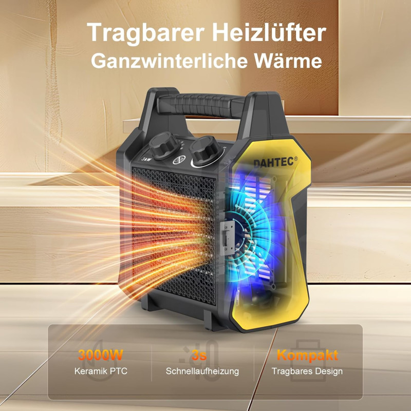 Elektrické topidlo 3000 W Dahtec, topný keramický ventilátor, vytápění skleníků s termostatem, 2 stupně topení