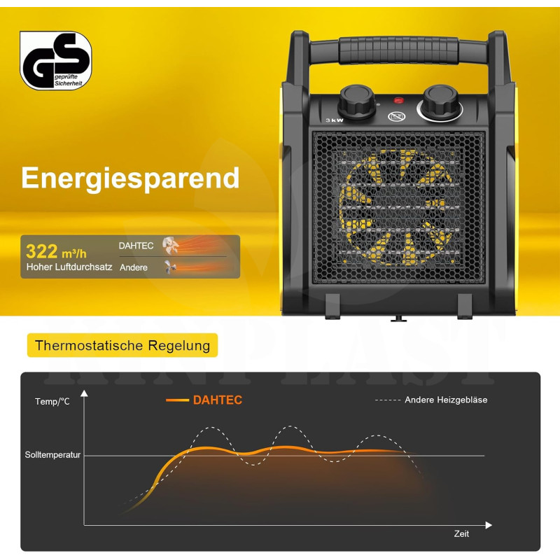 Elektrické topidlo 3000 W Dahtec, topný keramický ventilátor, vytápění skleníků s termostatem, 2 stupně topení