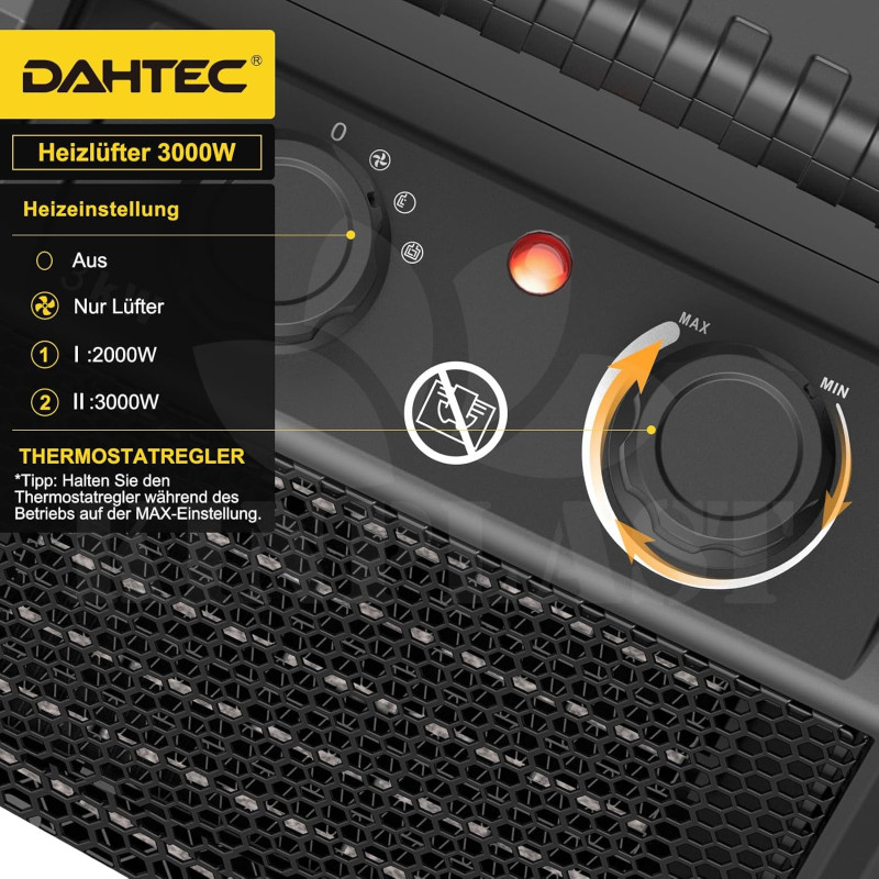 Elektrické topidlo 3000 W Dahtec, topný keramický ventilátor, vytápění skleníků s termostatem, 2 stupně topení