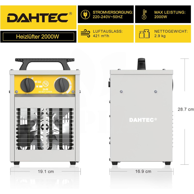 Elektrické topidlo 2000 W Dahtec, topný ventilátor, vytápění skleníků a zimních zahrad s termostatem, 3 stupně výkonu