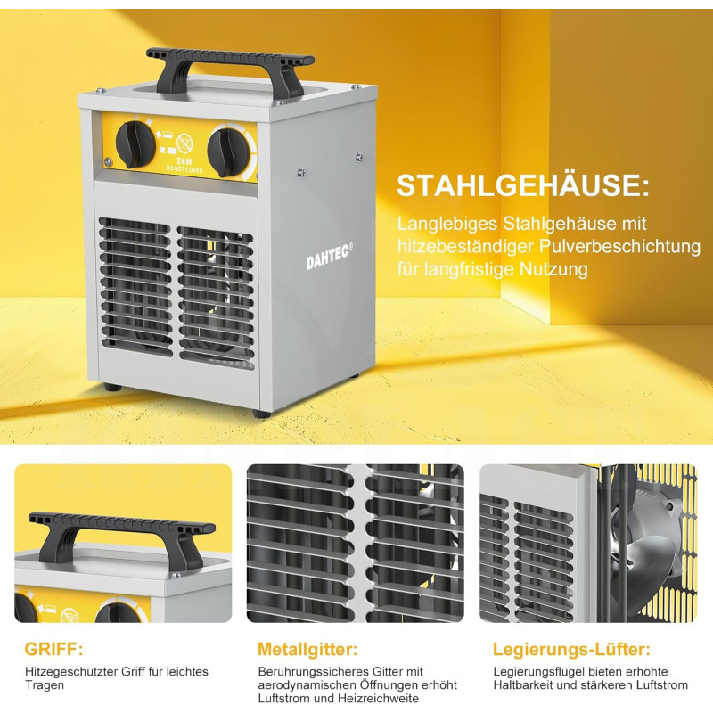 Elektrické topidlo 2000 W Dahtec, topný ventilátor, vytápění skleníků a zimních zahrad s termostatem, 3 stupně výkonu
