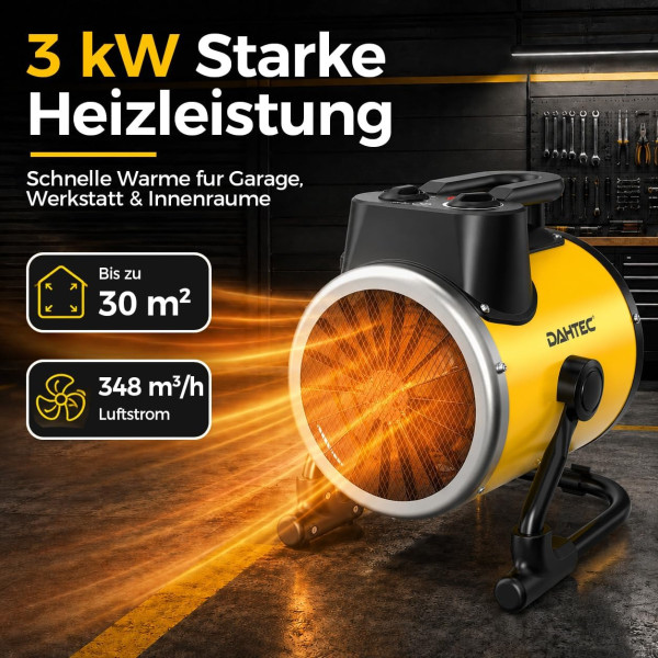 Elektrické topidlo 3000 W Dahtec, topný ventilátor, vytápění skleníků a zimních zahrad s termostatem, 3 stupně výkonu