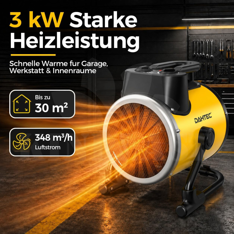 Elektrické topidlo 3000 W Dahtec, topný ventilátor, vytápění skleníků a zimních zahrad s termostatem, 3 stupně výkonu