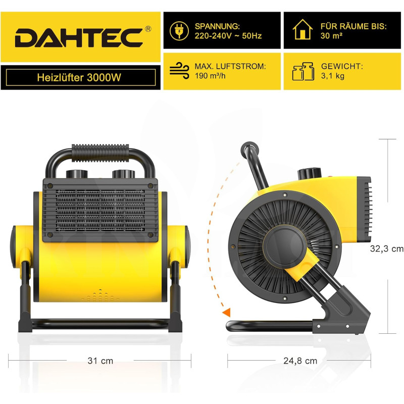 Elektrické topidlo 3000 W Dahtec, topný keramický ventilátor, vytápění skleníků s termostatem, 3 stupně topení