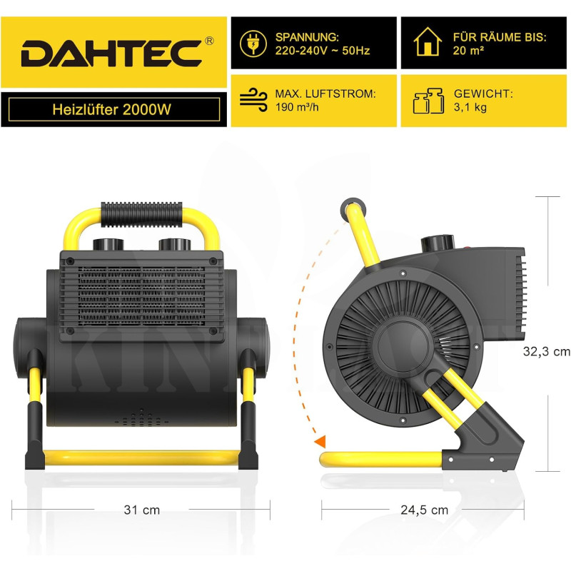 Elektrické topidlo 2000 W Dahtec, topný keramický ventilátor, vytápění skleníků s termostatem, 3 stupně topení