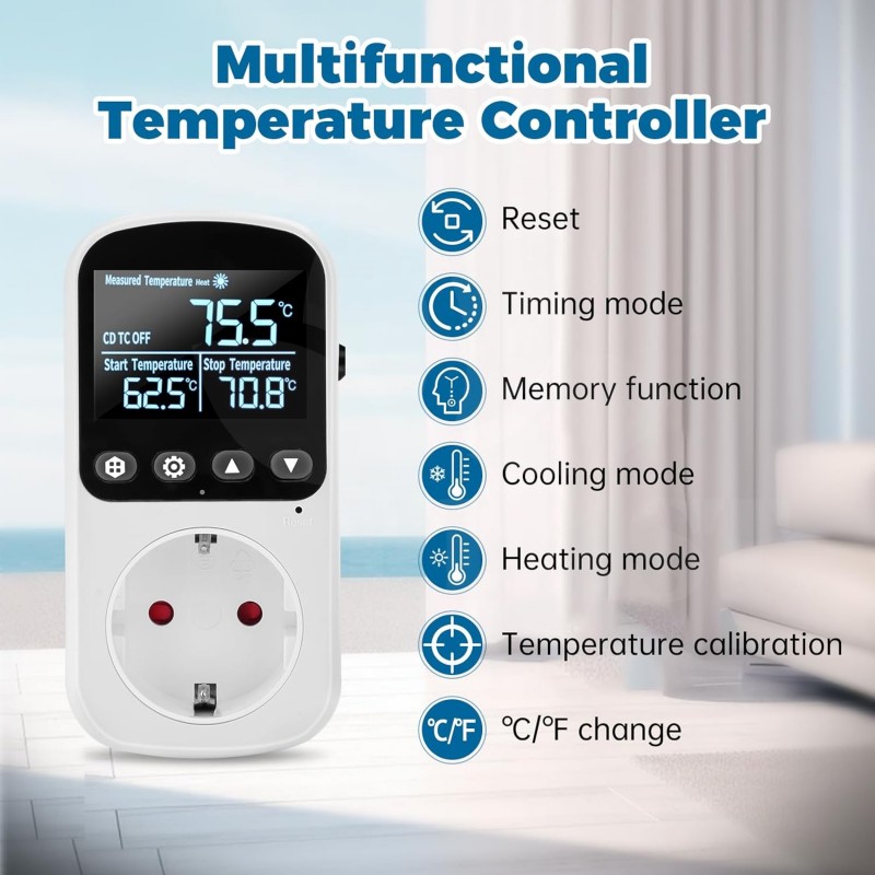 Digitální regulátor teploty Diymore pro skleník se snímačem až 3680W, regulace topení a chlazení -40° až 120°C Digitální regulátor teploty Diymore pro skleník se snímačem až 3680W, regulace topení a chlazení -40° až 120°C