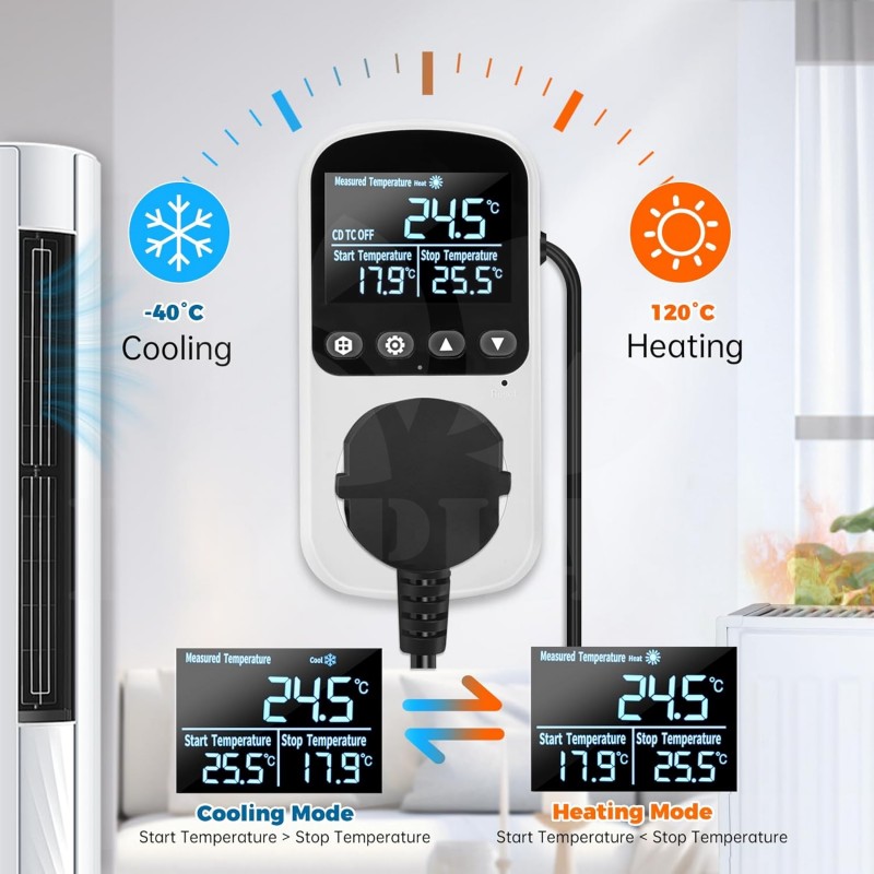 Digitální regulátor teploty Diymore pro skleník se snímačem až 3680W, regulace topení a chlazení -40° až 120°C Digitální regulátor teploty Diymore pro skleník se snímačem až 3680W, regulace topení a chlazení -40° až 120°C