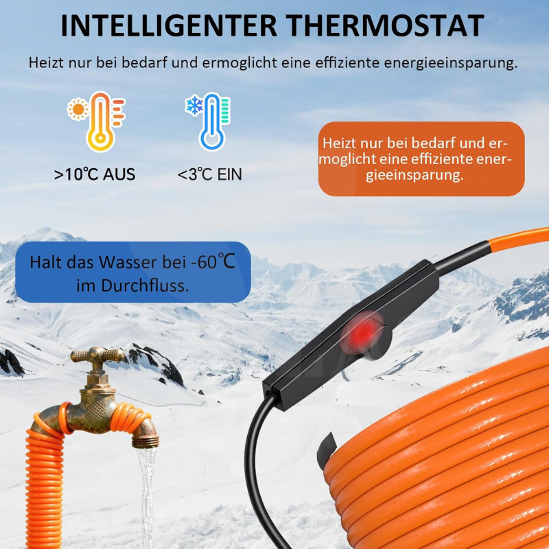 Topný kabel s termostatem, 8 metrů, 25 W/m (200W), samoregulační topný 5° až 10°C, pás ochrana proti mrazu, pro ochranu potrubí