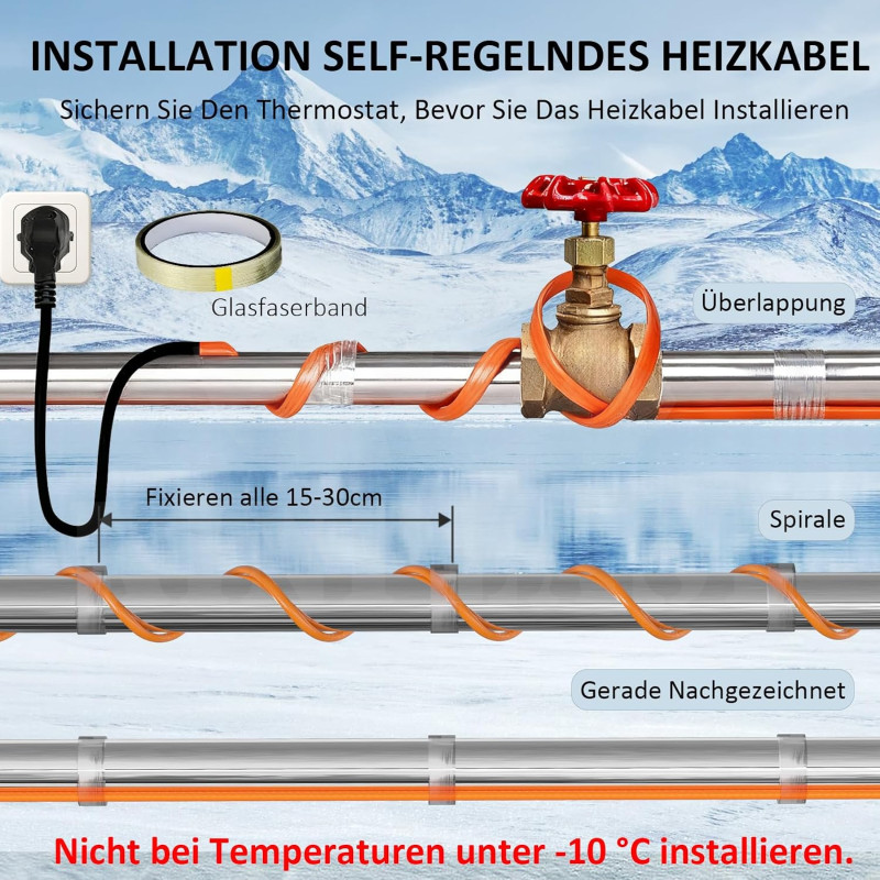 Topný kabel s termostatem, 8 metrů, 25 W/m (200W), samoregulační topný 5° až 10°C, pás ochrana proti mrazu, pro ochranu potrubí