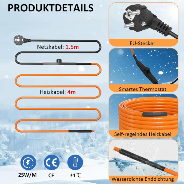 Topný kabel s termostatem, 4 metry, 25 W/m (100W), samoregulační topný 5° až 10°C, pás ochrana proti mrazu, pro ochranu potrubí