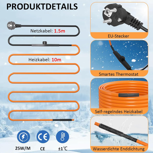 Topný kabel s termostatem, 10 metrů, 25 W/m (250W), samoregulační topný 5° až 10°C, pás ochrana proti mrazu, pro ochranu potrubí