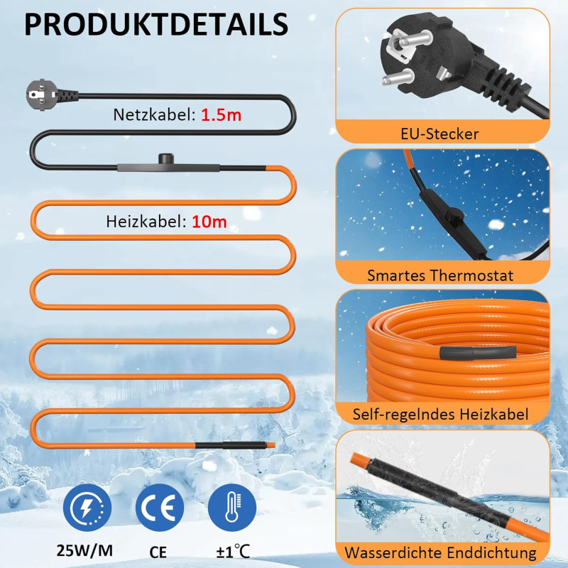 Topný kabel s termostatem, 10 metrů, 25 W/m (250W), samoregulační topný 5° až 10°C, pás ochrana proti mrazu, pro ochranu potrubí