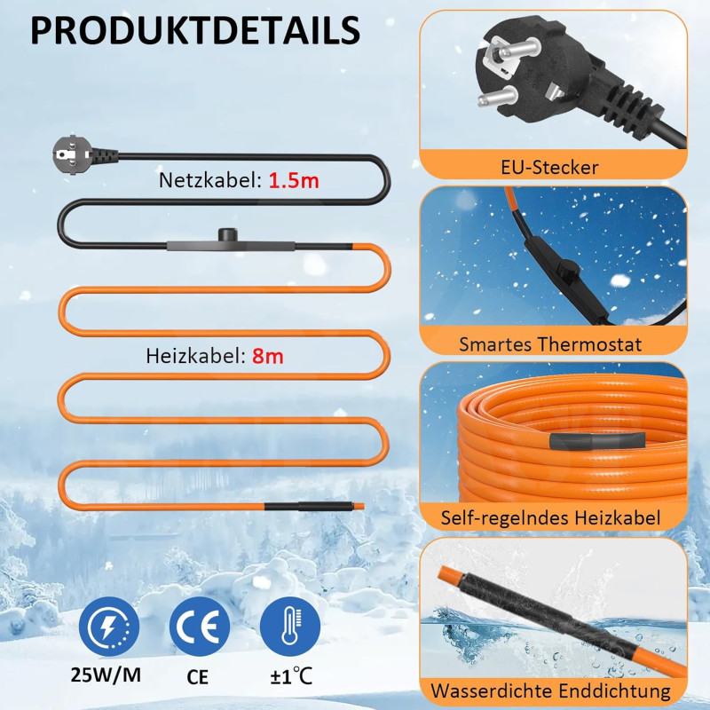 Topný kabel s termostatem, 8 metrů, 25 W/m (200W), samoregulační topný 5° až 10°C, pás ochrana proti mrazu, pro ochranu potrubí
