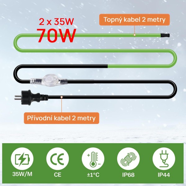 Topný kabel s termostatem, 2 metry, 35 W/m (70W), samoregulační topný 5° až 15°C, pás ochrana proti mrazu, pro ochranu potrubí