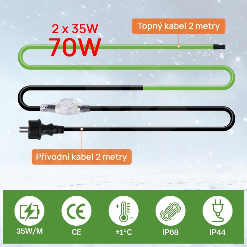 Topný kabel s termostatem, 2 metry, 35 W/m (70W), samoregulační topný 5° až 15°C, pás ochrana proti mrazu, pro ochranu potrubí
