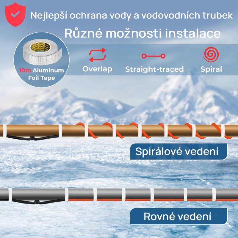 Topný kabel s termostatem, 6 metrů, 35 W/m (210W), samoregulační topný 5° až 15°C, pás ochrana proti mrazu, pro ochranu potrubí
