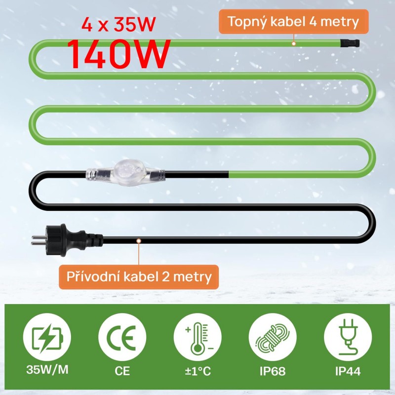 Topný kabel s termostatem, 4 metry, 35 W/m (140W), samoregulační topný 5° až 15°C, pás ochrana proti mrazu, pro ochranu potrubí