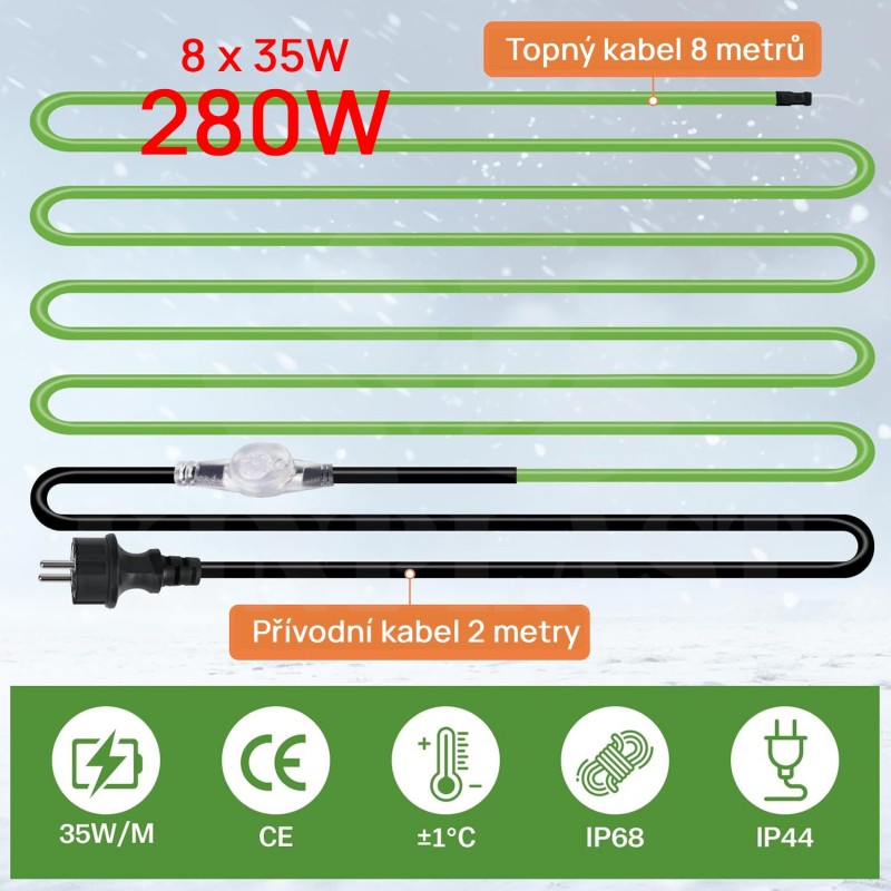 Topný kabel s termostatem, 8 metrů, 35 W/m (280W), samoregulační topný 5° až 15°C, pás ochrana proti mrazu, pro ochranu potrubí