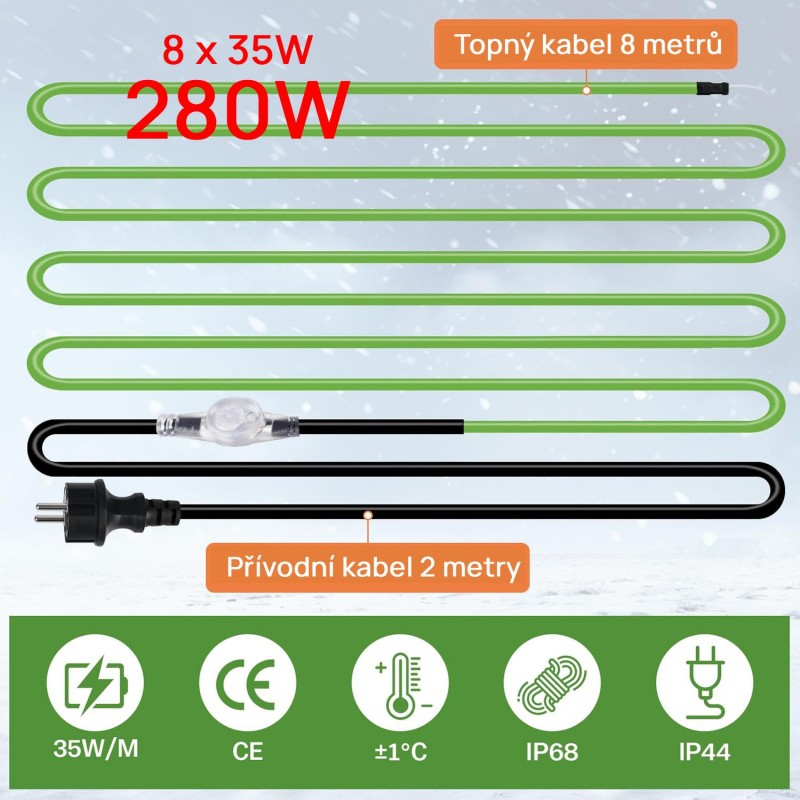 Topný kabel s termostatem, 8 metrů, 35 W/m (280W), samoregulační topný 5° až 15°C, pás ochrana proti mrazu, pro ochranu potrubí