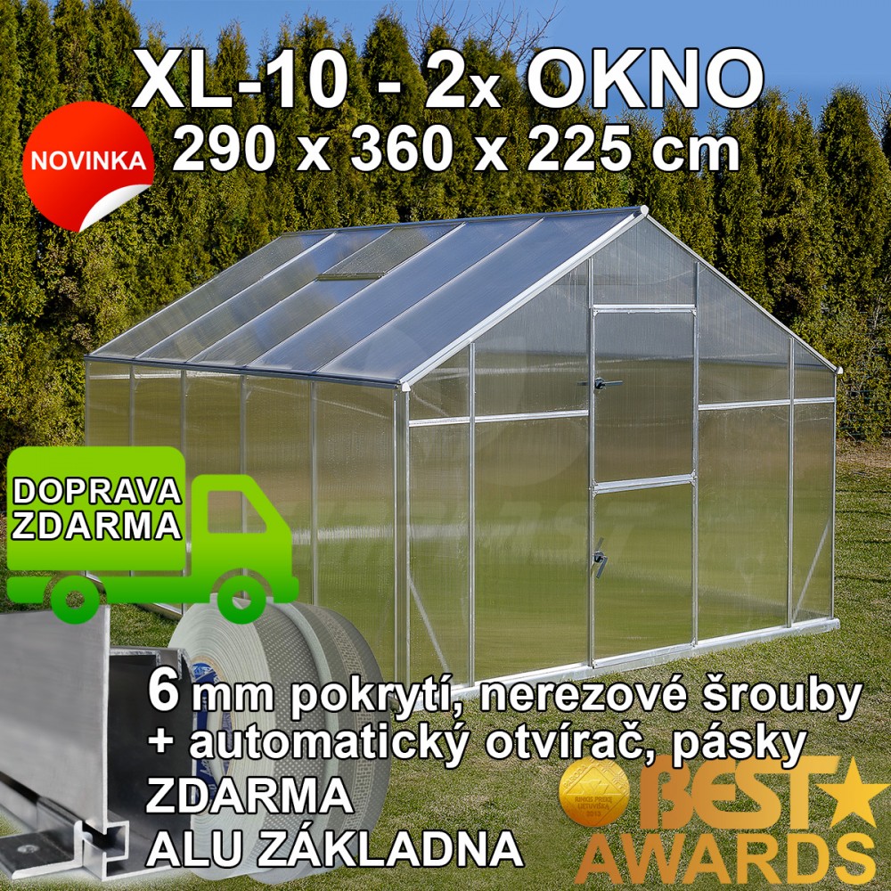 Skleník GAMPRE SANUS 290 x 360 cm, XL-10, 6mm + zdarma základna + automatické otvírače