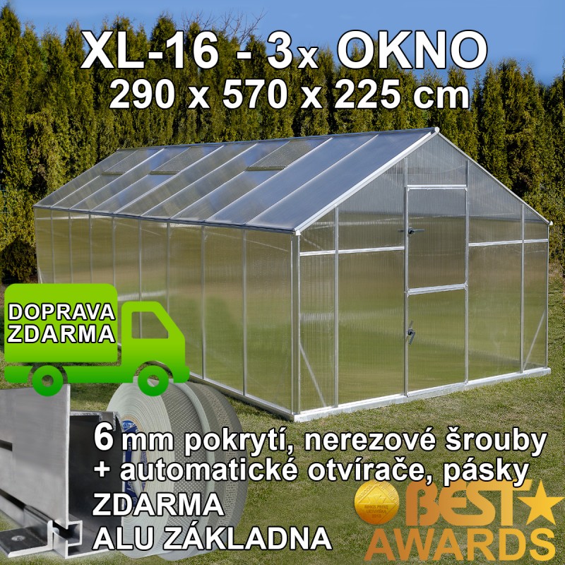 Skleník GAMPRE SANUS 290 x 570 cm, XL-16, 6mm + zdarma základna + automatické otvírače