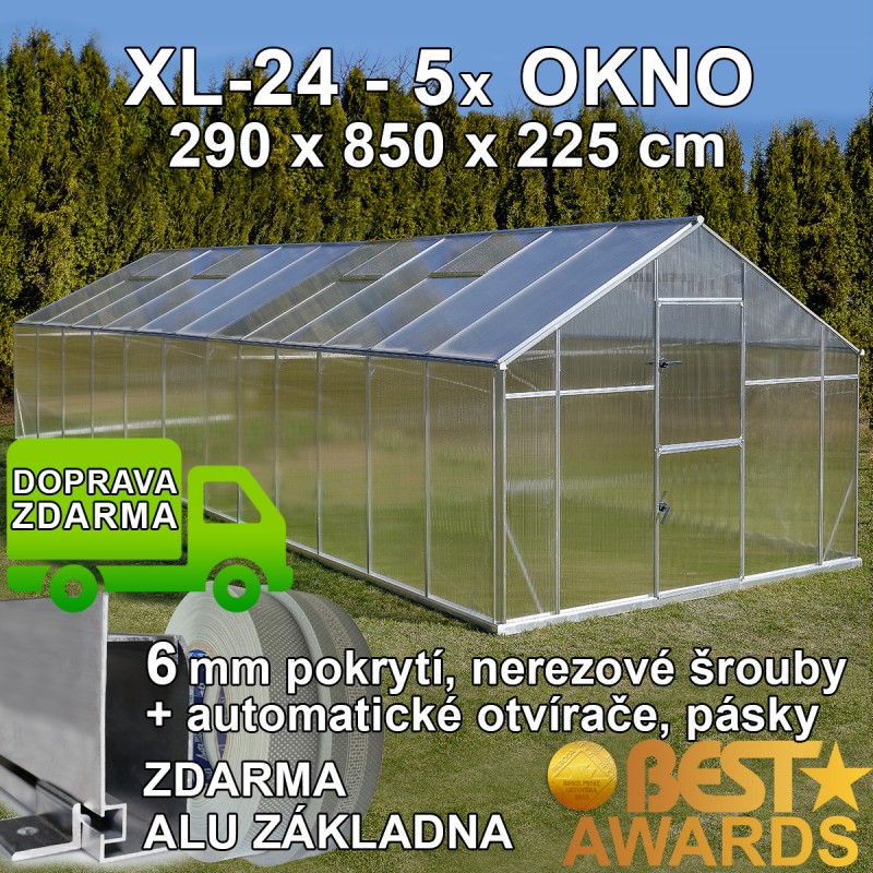 Skleník GAMPRE SANUS 290 x 850 cm, XL-24, 6mm + zdarma základna + automatické otvírače, pásky