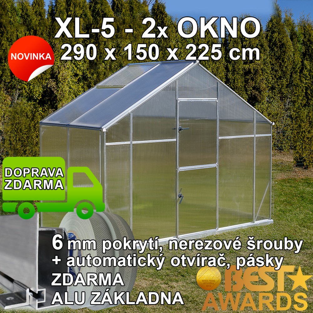 Skleník GAMPRE SANUS 290 x 150 cm, XL-05, 6mm + zdarma základna + automatické otvírače