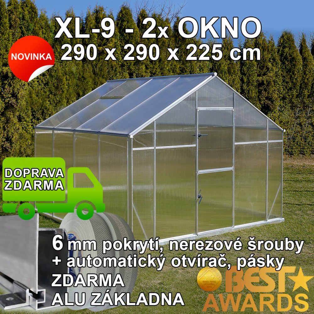 Skleník GAMPRE SANUS 290 x 290 cm, XL-09, 6mm + zdarma základna + automatické otvírače