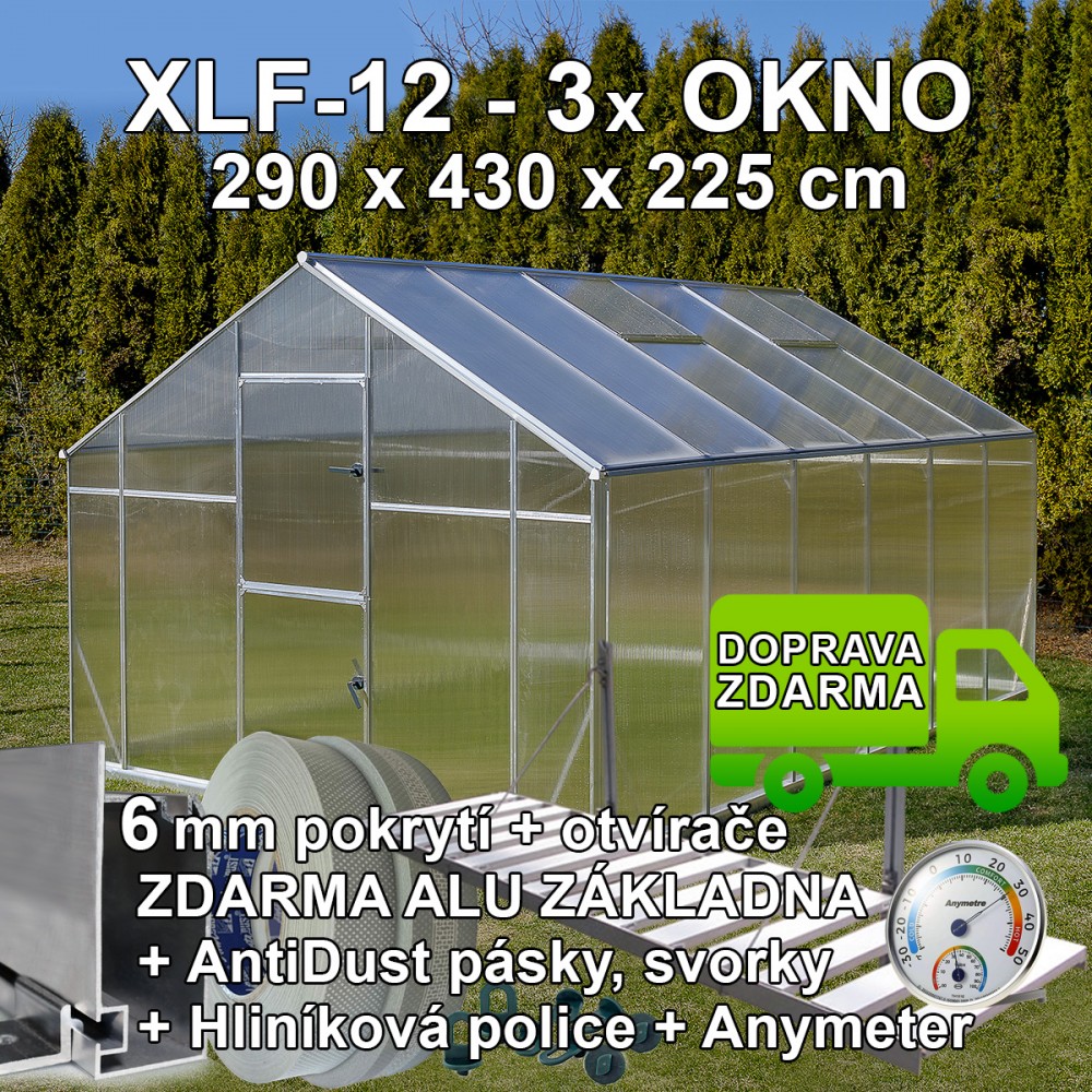 Skleník GAMPRE SANUS 290 x 430 cm, XLF12, 6mm + zdarma otvírače, svorky, páska, police a teploměr