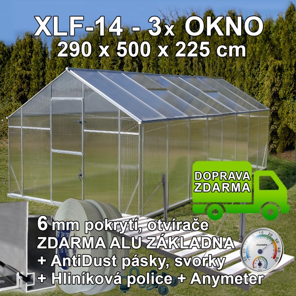 Skleník GAMPRE SANUS 290 x 500 cm, XLF-14, 6mm + zdarma otvírače, svorky, páska, police a teploměr