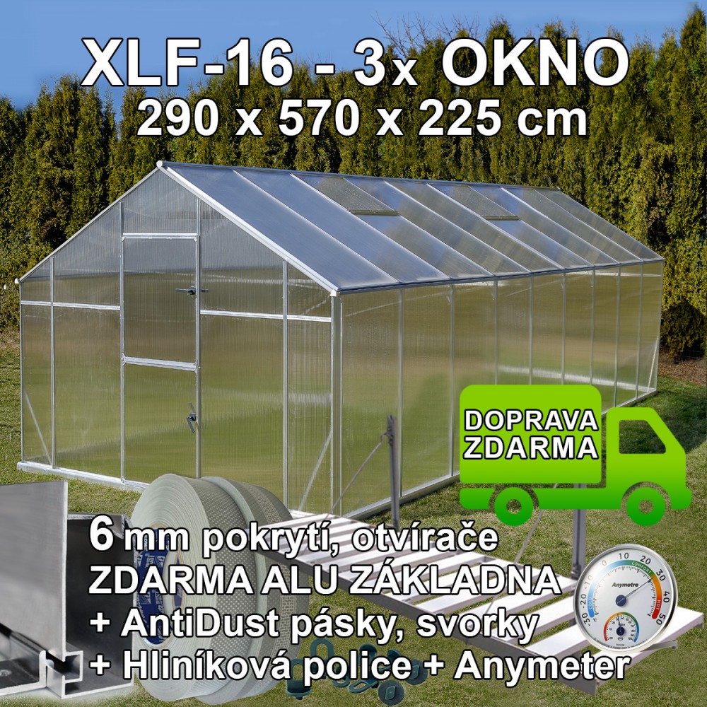 Skleník GAMPRE SANUS 290 x 570 cm, XLF-16, 6mm + zdarma otvírače, svorky, páska, police a teploměr