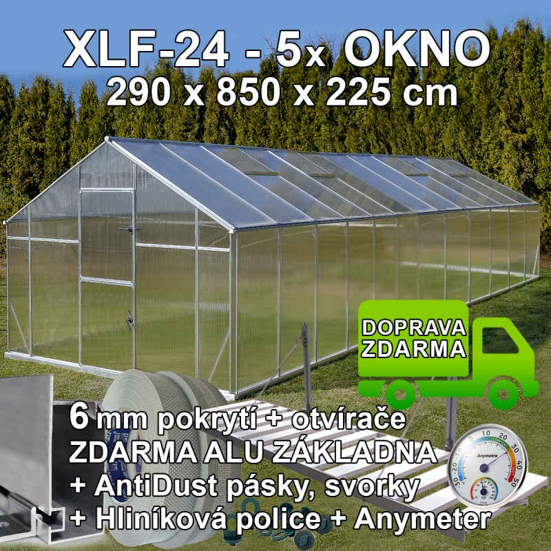 Skleník GAMPRE SANUS 290 x 850 cm, XLF-24, 6mm + zdarma otvírače, svorky, páska, police a teploměr