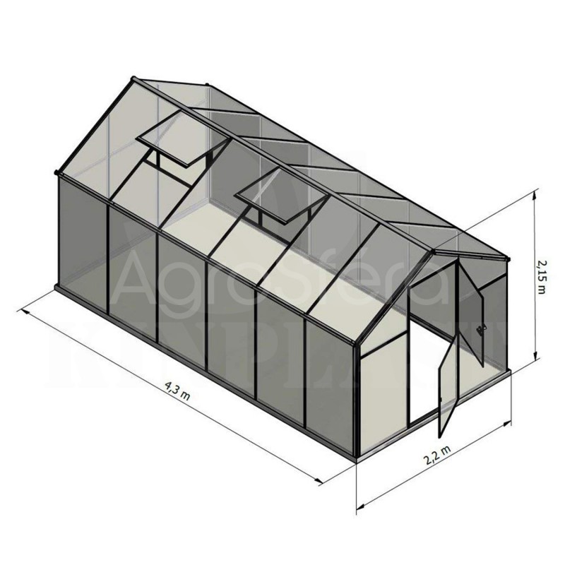 Skleník SANUS HYBRID L-10, 220 x 430 cm, kalené sklo 4 mm + 6 mm polykarbonát