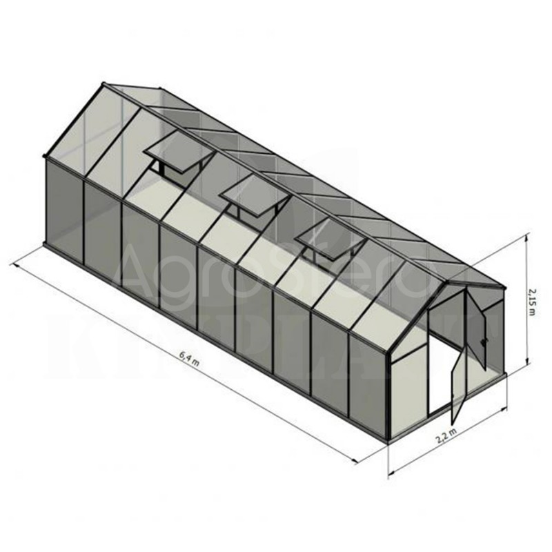 Skleník SANUS HYBRID L-15, 220 x 640 cm, kalené sklo 4 mm + 6 mm polykarbonát