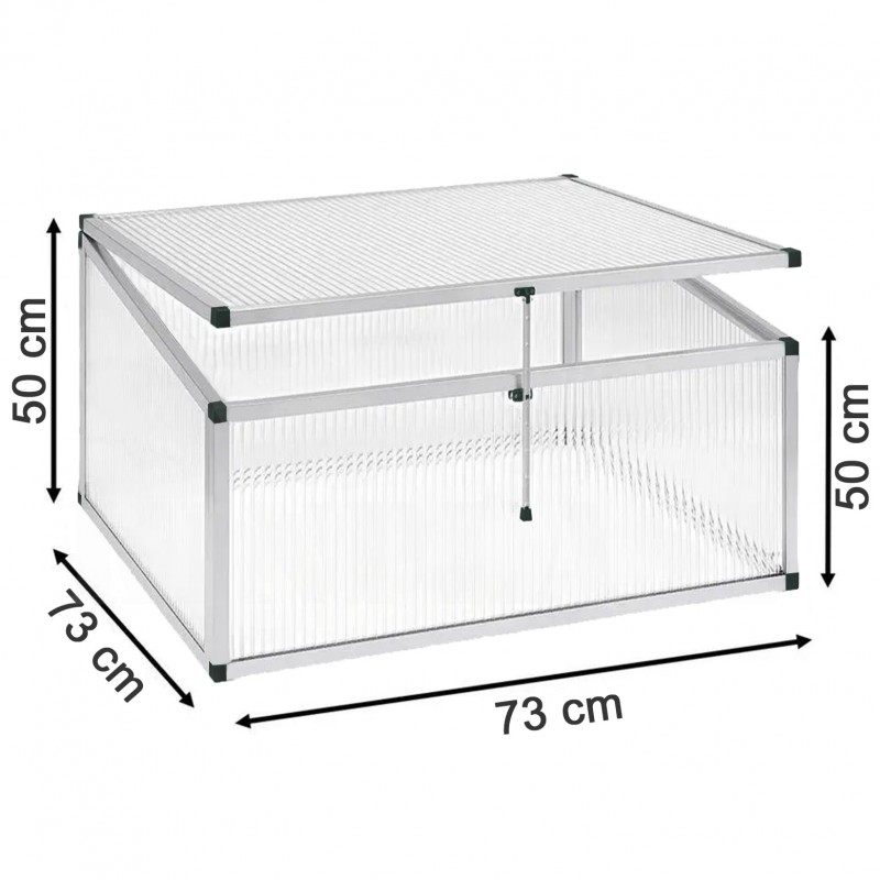 Pařeniště Expert, hliníkový vyvýšený mini skleník z 10 mm polykarbonátu,  50 x 73 x 73 cm, čiré stěny