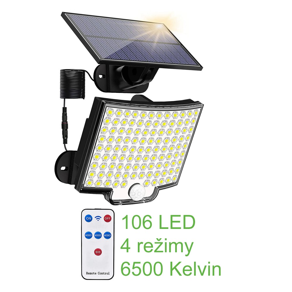 Zahradní solární světlo s detektorem pohybu, 106 LED, 4 režimy, 3000 mAh, 6500 K