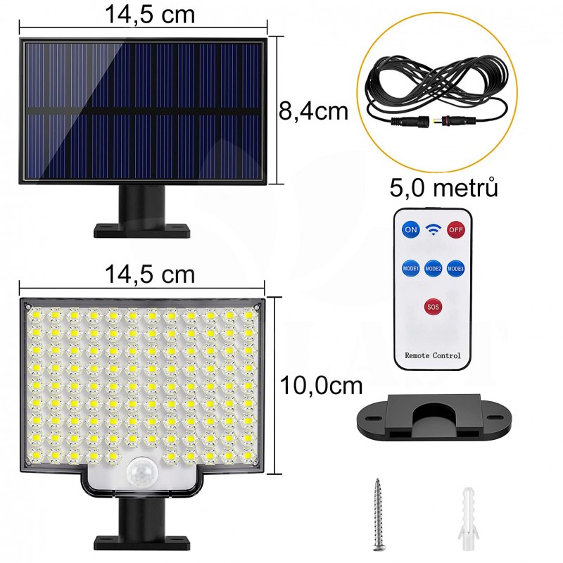 Zahradní solární světlo s detektorem pohybu, 2 kusy, 106 LED, 4 režimy, 3000 mAh, 6500 K