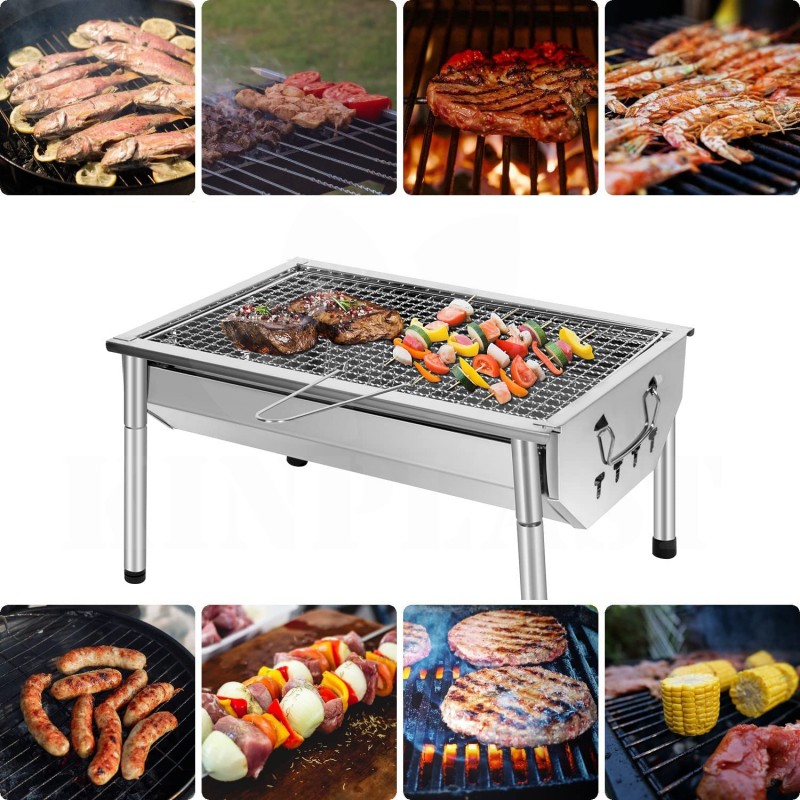 Gril nerezový přenosný BBQ 40 x 28 x 21 cm, gril na dřevěné uhlí, přenosný kempinkový gril