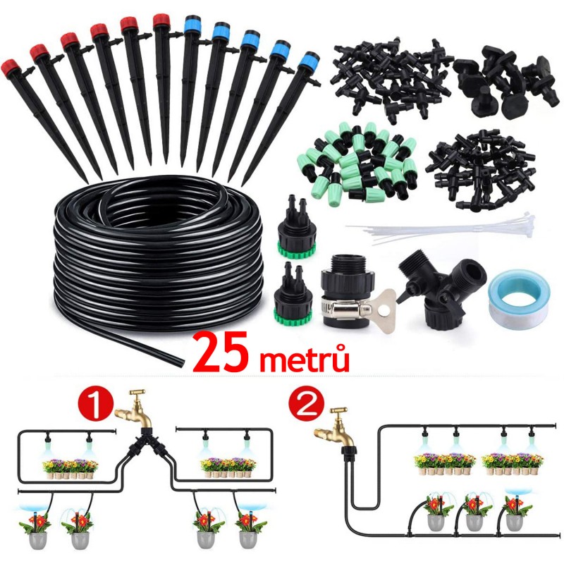 Zavlažovací sada 25m King, 40 trysek s rozbočovacím kohoutem pro skleník nebo záhon o celkové délce 25 metrů