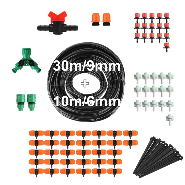 Zavlažovací sada 30m 9mm + 10m 6mm hadička, 32 trysek, 32 kolíků, rozbočovací 2cestný kohout