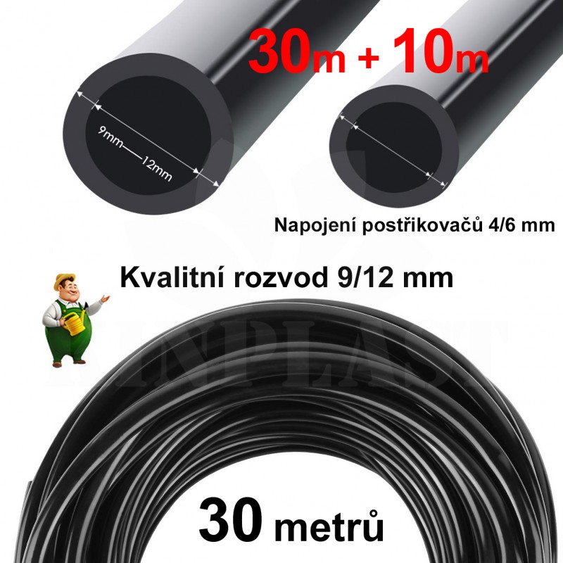 Zavlažovací sada 30m 9mm + 10m 6mm hadička, 32 trysek, 32 kolíků, rozbočovací 2cestný kohout