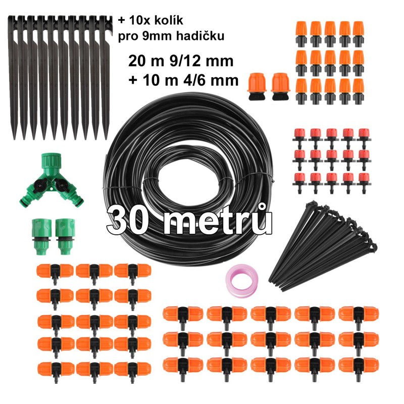 Zavlažovací sada 20m 9mm + 10m 6mm hadička, 30 regulovatelných trysek