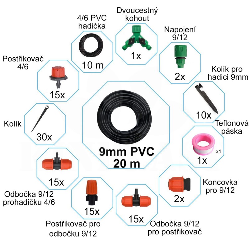 Zavlažovací sada 20m 9mm + 10m 6mm hadička, 30 regulovatelných trysek
