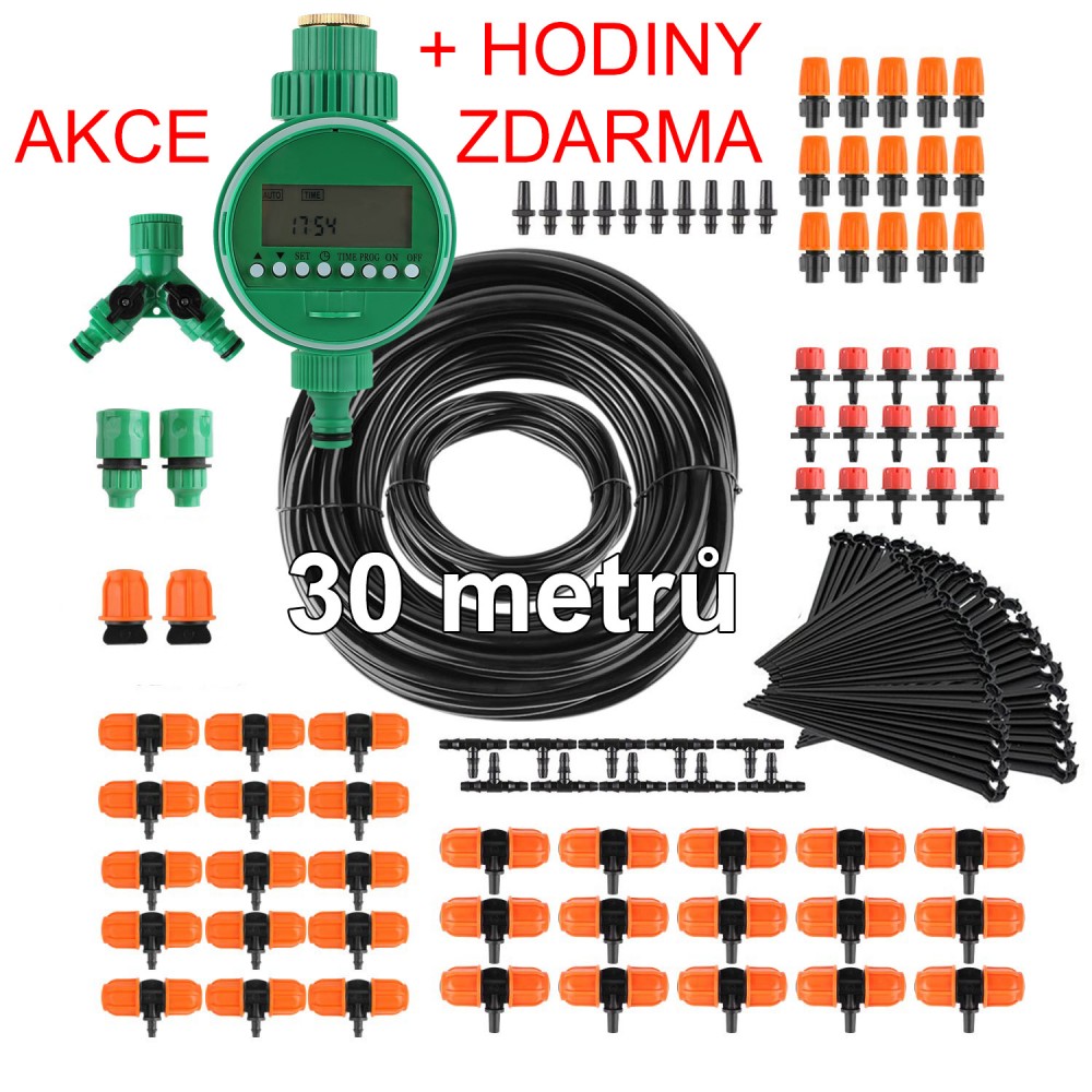 Zavlažovací sada 25m 9mm + 5m 6mm hadička, univerzální zavlažovací sada + digitální hodiny zdarma