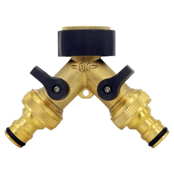 Hadicová rozdvojka mosazná, mosazný dvoucestný uzavírací ventil - s hlavou 3/4" a redukcí 1/2" - s vnitřním závitem 1"