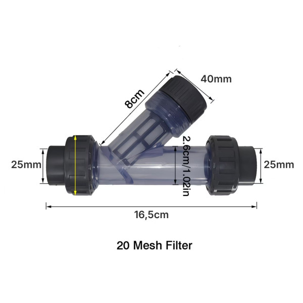 Vodní filtr pro závlahy a čerpadla, vysokotlaký čistič, průtokový filtr s 20 Mesh sítkem, připojení 25mm trubka 