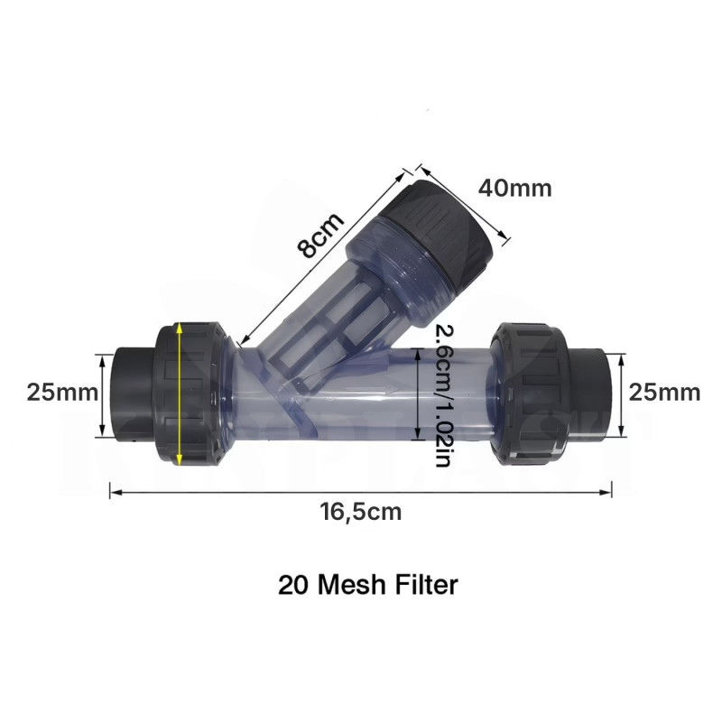 Vodní filtr pro závlahy a čerpadla, vysokotlaký čistič, průtokový filtr s 20 Mesh sítkem, připojení 25mm trubka 