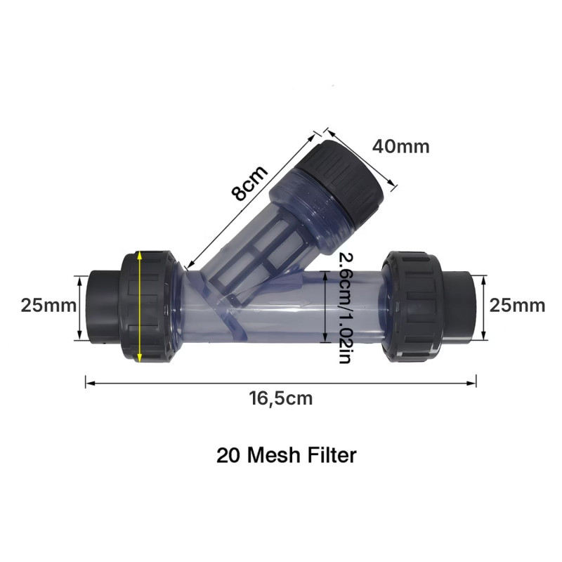 Vodní filtr pro závlahy a čerpadla, vysokotlaký čistič, průtokový filtr s 20 Mesh sítkem, připojení 25mm trubka 