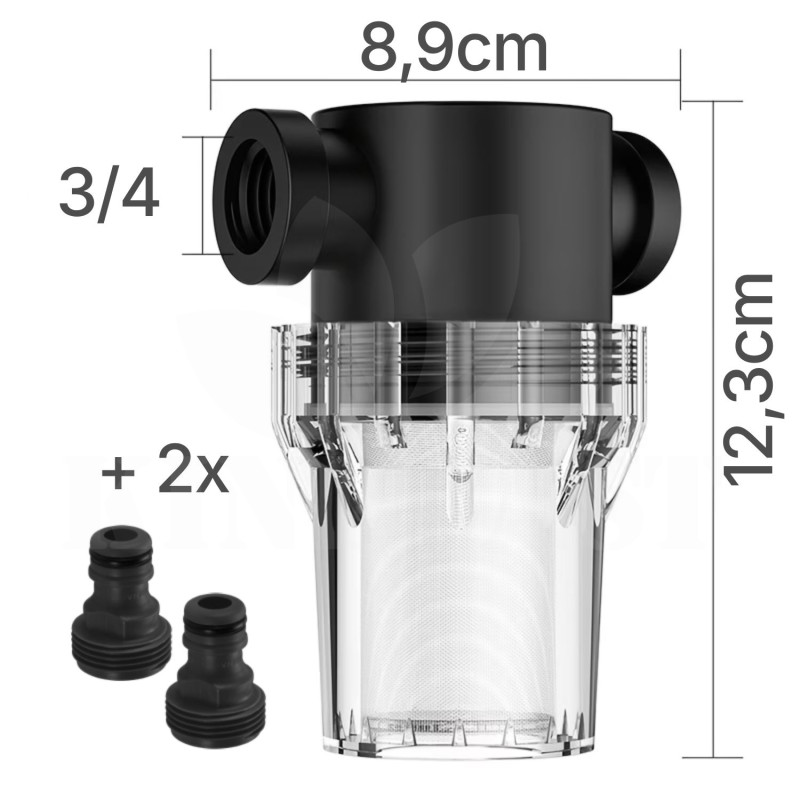 Vodní filtr pro závlahy a čerpadla, napojení GV 3/4, filtr vysokotlaký, pro zachycení jemných mechanických nečistot, včetně adaptérů 