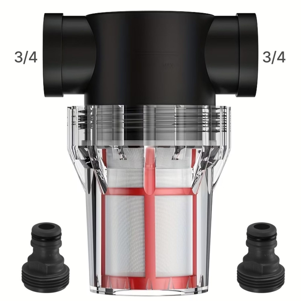 Vodní filtr pro závlahy a čerpadla, napojení GU 3/4, filtr vysokotlaký, pro zachycení jemných mechanických nečistot, včetně adaptérů 